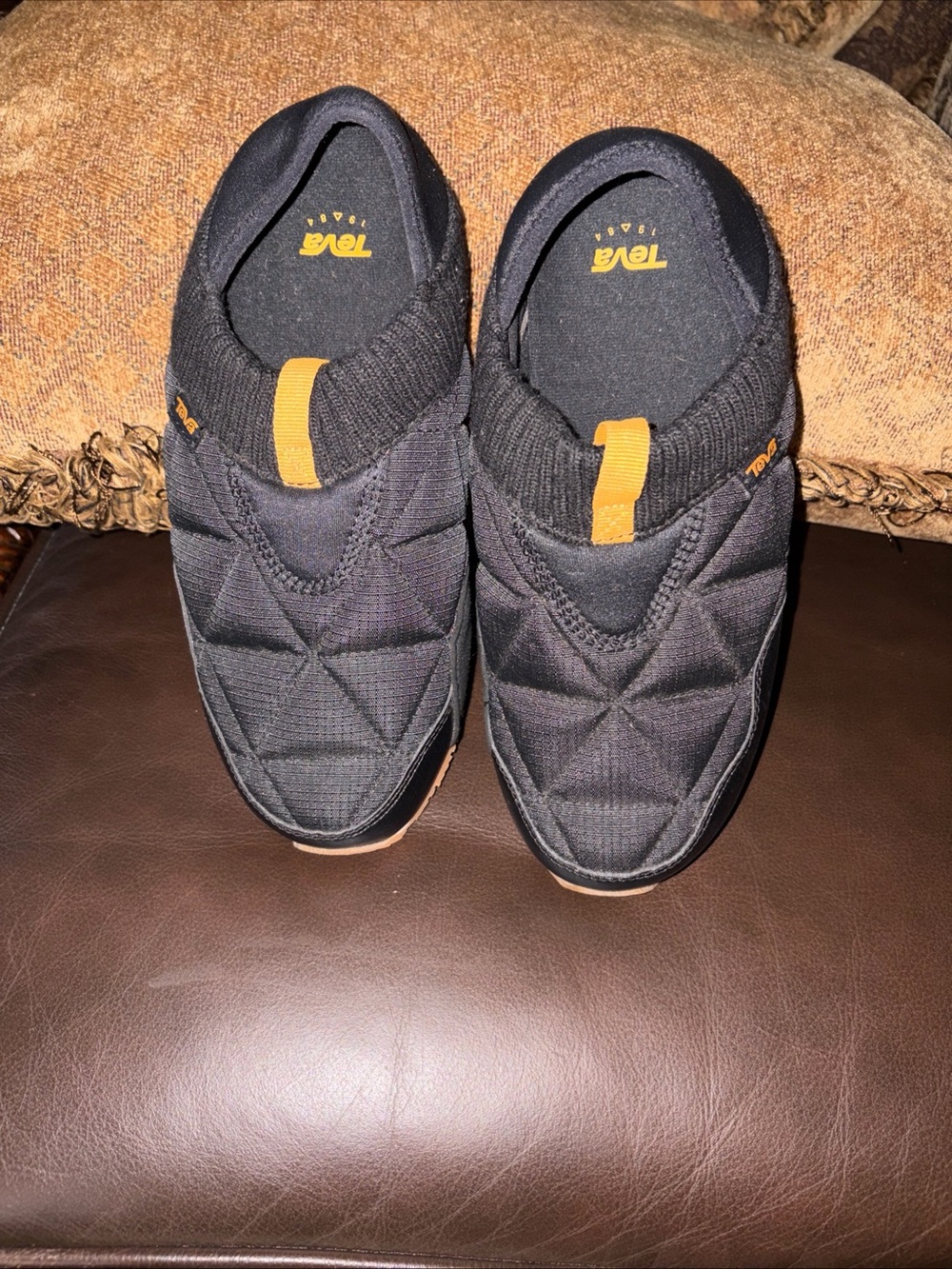 Teva Black Quilted Slip-On Loafers with Orange Tabs